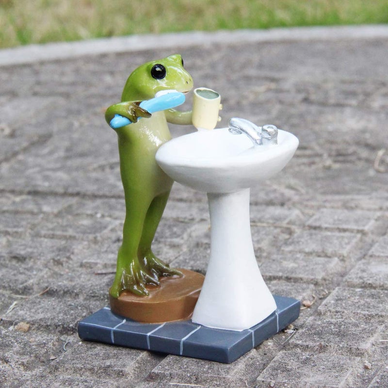 Tfro & Cile Frog Garden Statue Decor Miniature Animal Figurine Outdoor Fairy Brushing Teeth Sculpture for Bathroom - 3.3 Inch Height - Image 4
